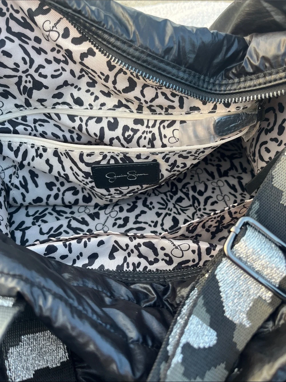 Jessica Simpson Black Quilted Duffel with Patterned Webbed Straps